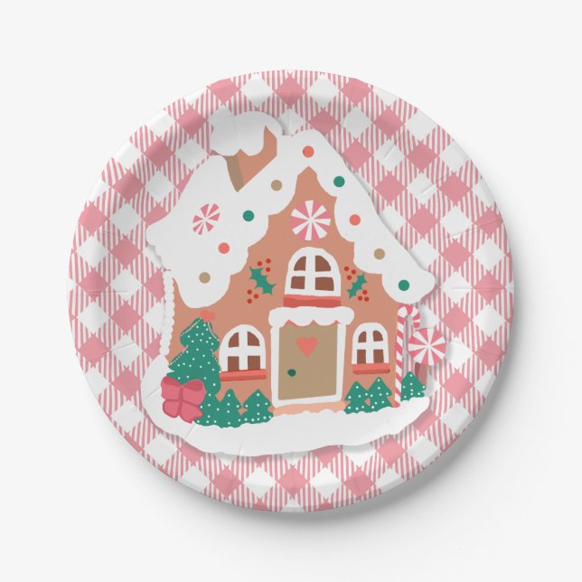 Cute Festive Snowy Pink Gingerbread House Gingham Paper Plate (Front)
