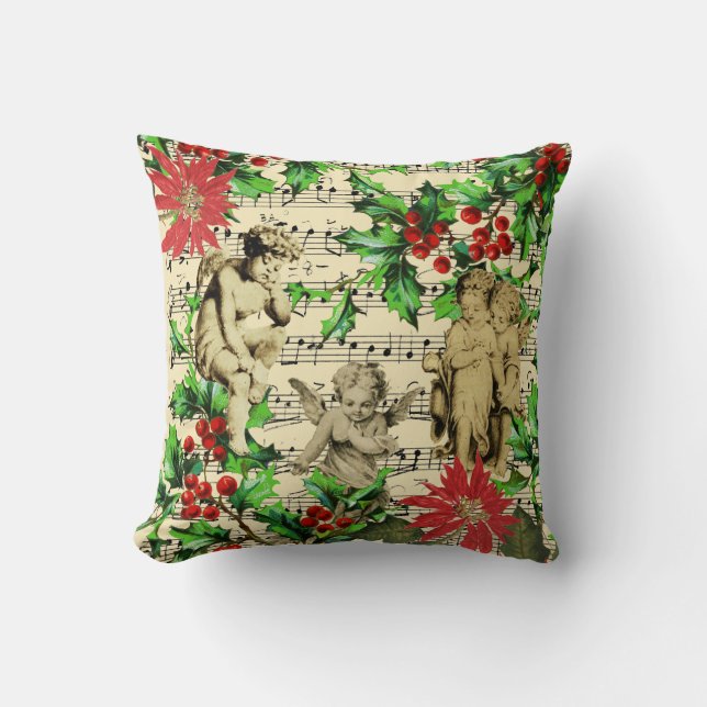 Cute Festive Vintage Angel Cherubs Holly Christmas Cushion (Front)