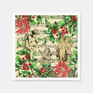 Cute Festive Vintage Angel Cherubs Holly Christmas Napkin