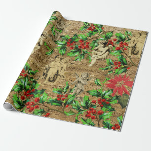 Cute Festive Vintage Angel Cherubs Holly Christmas Wrapping Paper