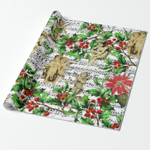 Cute Festive Vintage Angel Cherubs Holly Christmas Wrapping Paper