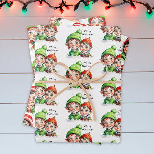 Cute Festive Vintage Elves Christmas Wrapping Paper Sheet