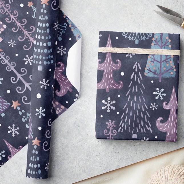 Cute Festive Whimsical Christmas Trees in Purple Wrapping Paper (Creator Uploaded)