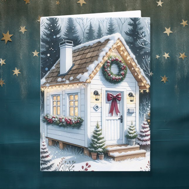 Cute Festive White Tiny Home Christmas Holiday Card (Creator Uploaded)