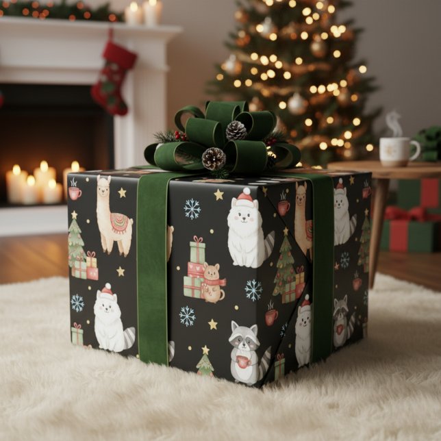 Cute Festive Woodland Animals & Llama Christmas Wrapping Paper (Wrap your gifts in cozy, adorable cheer.)