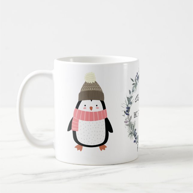 Cute Festive  wreath and penguin personalised  Coffee Mug (Left)