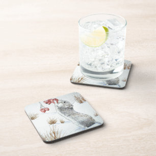 Cute field mouse snow scene winter wildlife coaster