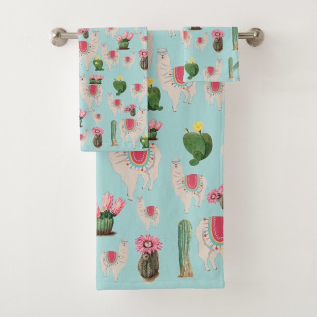 Cute Fiesta Llama & Cactus Pattern Bath Towel Set (Insitu)