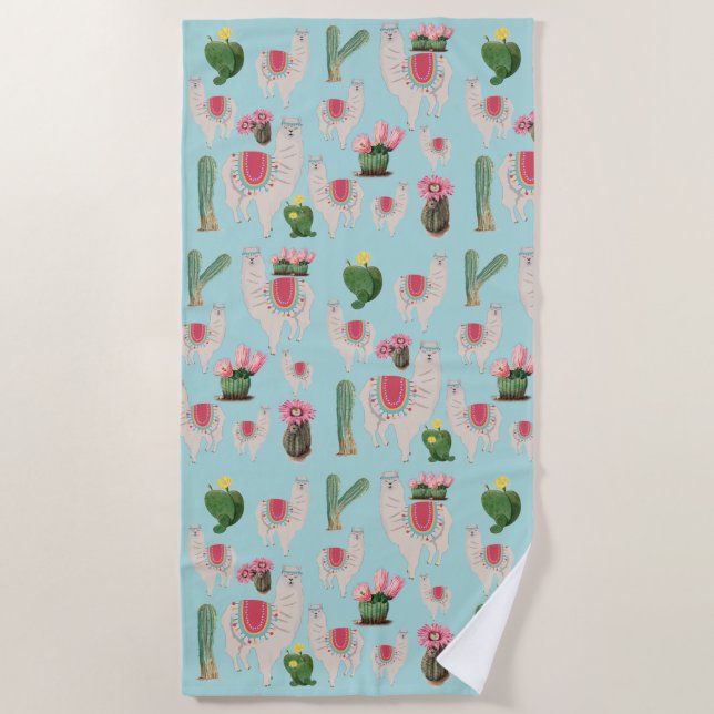 Cute Fiesta Llama & Cactus Pattern  Beach Towel (Front)