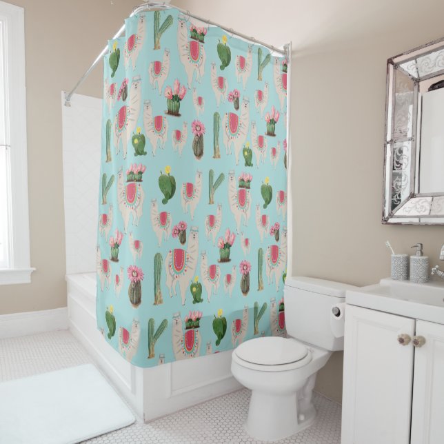 Cute Fiesta Llama & Cactus Pattern Shower Curtain (In Situ)