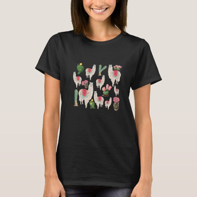 Cute Fiesta Llama & Cactus Pattern T-Shirt (Front)