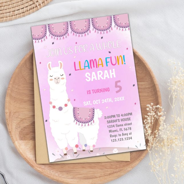 Cute Fiesta Party Card for Girls or Kids (Purple Back Llama Birthday Invitations)