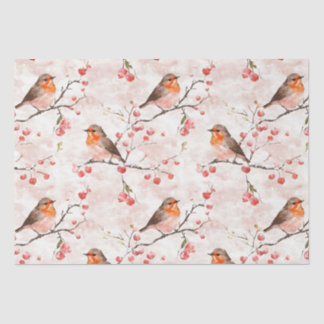 Cute finch bird on snowy winter tree & red berries tissue paper
