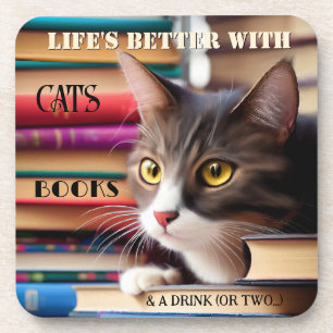 Cute Fine Art Cat Books Booze Coaster