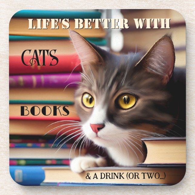 Cute Fine Art Cat Books Booze Coaster (Front)