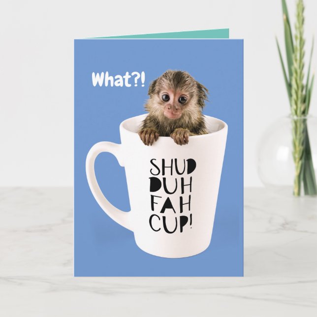 Cute Finger Monkey In A Cup Complimentary Birthday Card (Front)