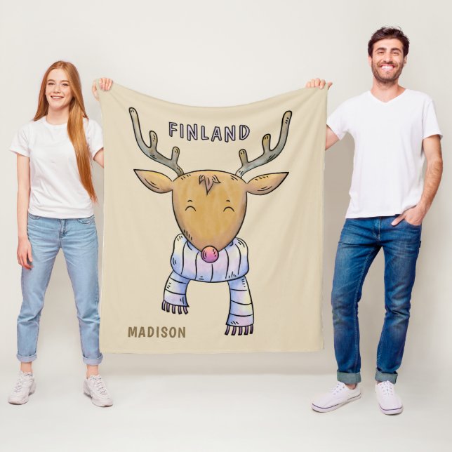 Cute Finland Reindeer custom name fleece blankets (In Situ)