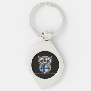 Cute Finnish Flag Owl Wearing Glasses Key Ring