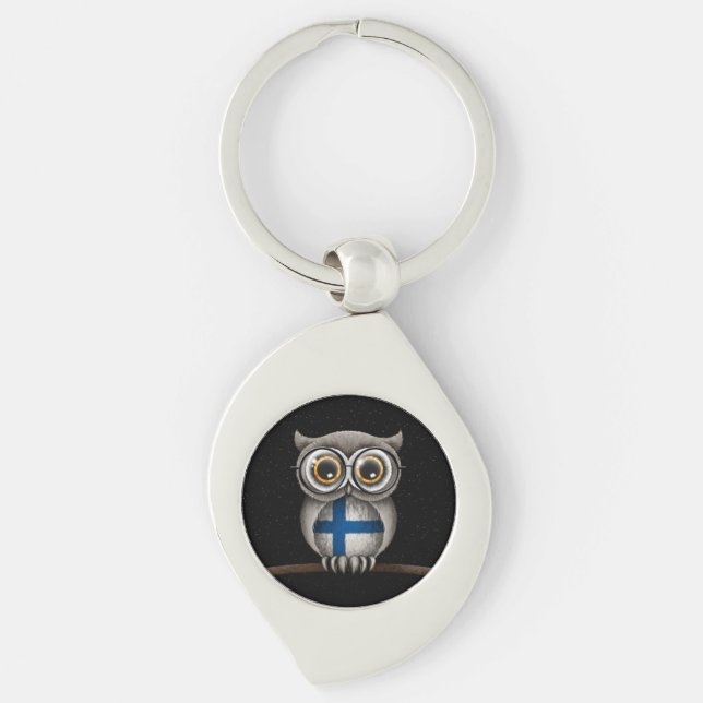 Cute Finnish Flag Owl Wearing Glasses Key Ring (Front)