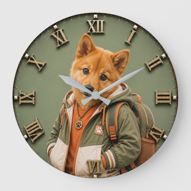 Cute Finnish Spitz Puppy Large Clock (Front)