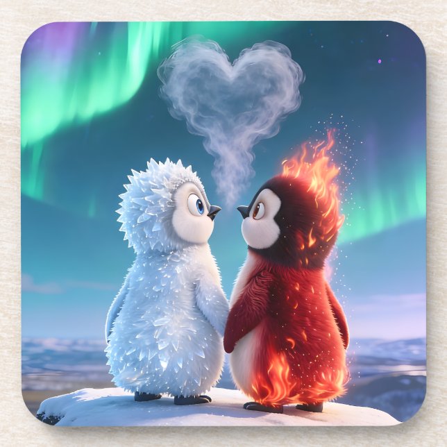 Cute Fire and Ice Penguin Northern Lights Coaster (Front)