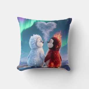 Cute Fire and Ice Penguin Northern Lights Cushion