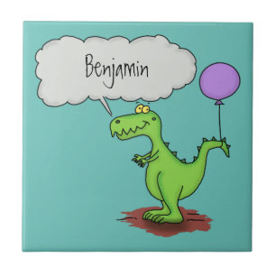 Cute fire breathing green funny dragon cartoon ceramic tile
