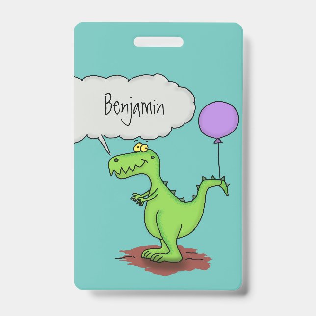 Cute fire breathing green funny dragon cartoon ID badge (Front)
