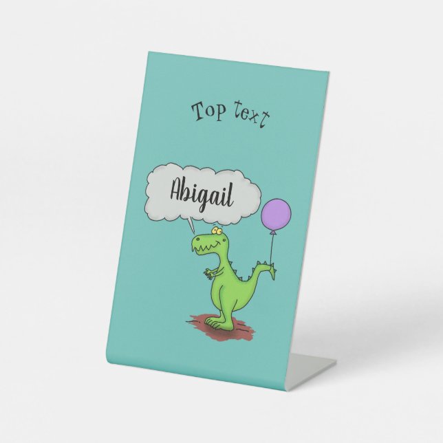 Cute fire breathing green funny dragon cartoon pedestal sign (Front)