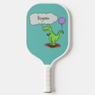 Cute fire breathing green funny dragon cartoon pickleball paddle