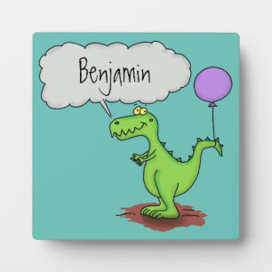 Cute fire breathing green funny dragon cartoon plaque