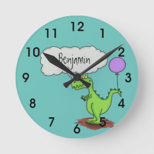 Cute fire breathing green funny dragon cartoon round clock