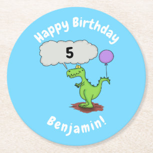 Cute fire breathing green funny dragon cartoon round paper coaster