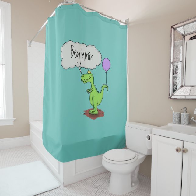 Cute fire breathing green funny dragon cartoon shower curtain (In Situ)