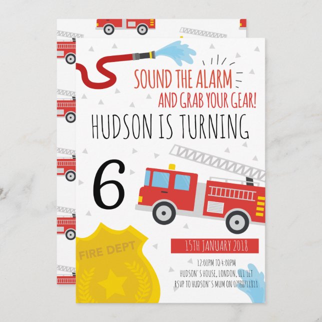 Cute Fire Engine Birthday Party Invitation (Front/Back)