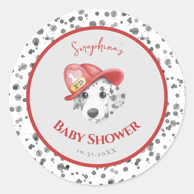 Cute Fire Fighter Dalmatian Baby Shower Classic Round Sticker (Front)