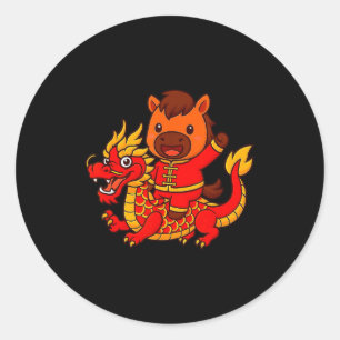 Cute Fire Horse Riding Chinese Dragon Lunar New Ye Classic Round Sticker