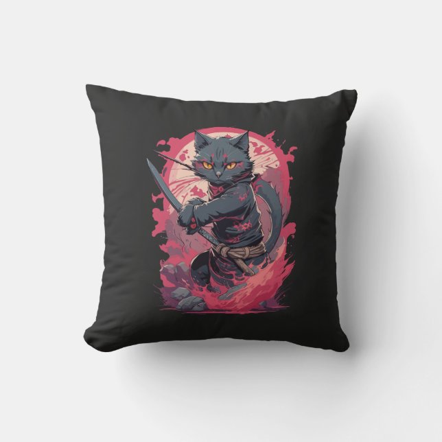 Cute Fire Splash Black Ninja Cat Warrior Cushion (Front)