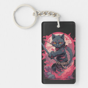 Cute Fire Splash Black Ninja Cat Warrior Key Ring