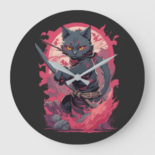 Cute Fire Splash Black Ninja Cat Warrior Large Clock