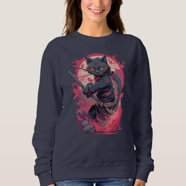 Cute Fire Splash Black Ninja Cat Warrior Sweatshirt (Front)
