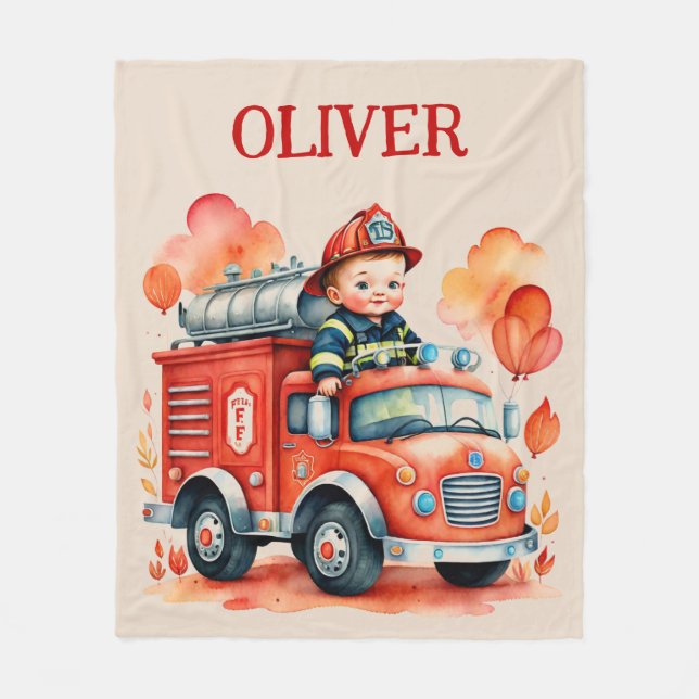 Cute Fire Truck and Firefighter Fleece Blanket (Front)