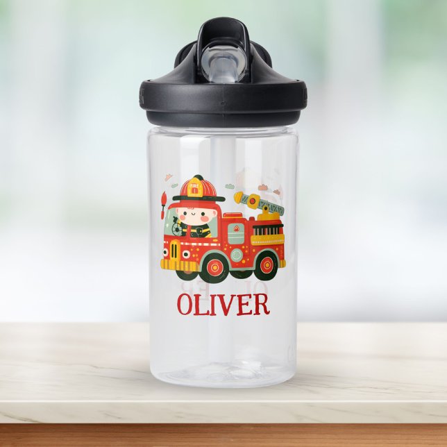 Cute Fire Truck and Fireman Personalised Water Bottle (Creator Uploaded)