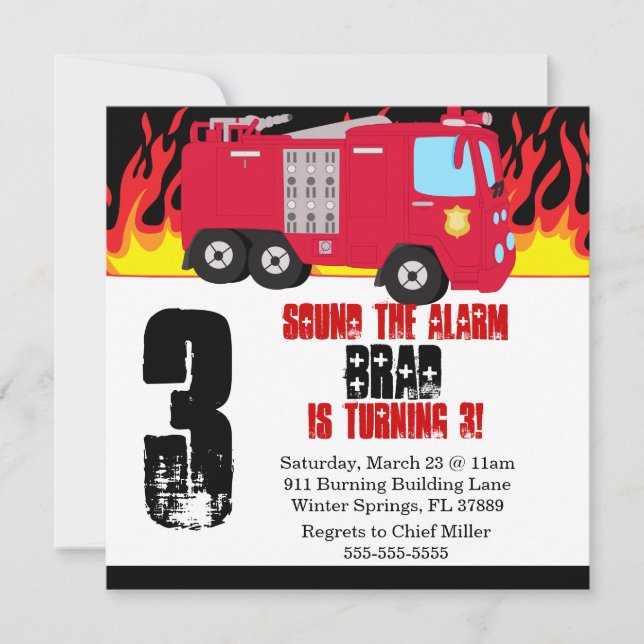 Cute Fire Truck Engine Birthday Party Invitation (Front)