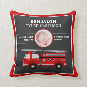 Cute Fire Truck Firefighter Baby Photo Birth Stats Cushion
