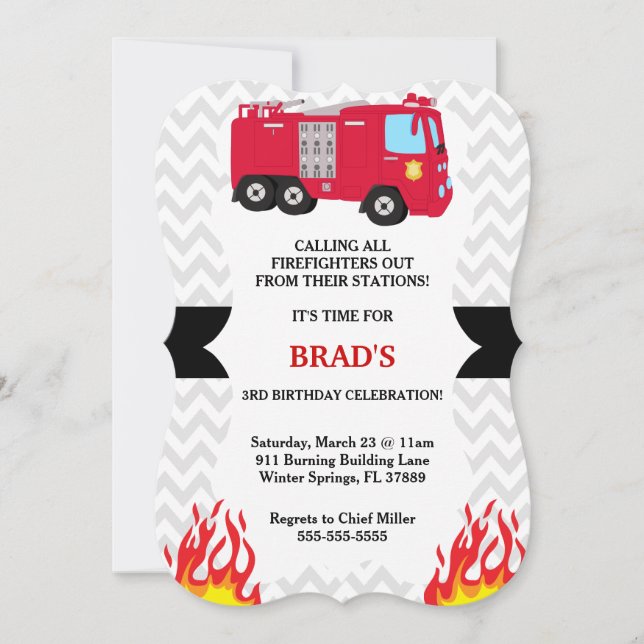 Cute Fire Truck Firefighter Birthday Invitation (Front)