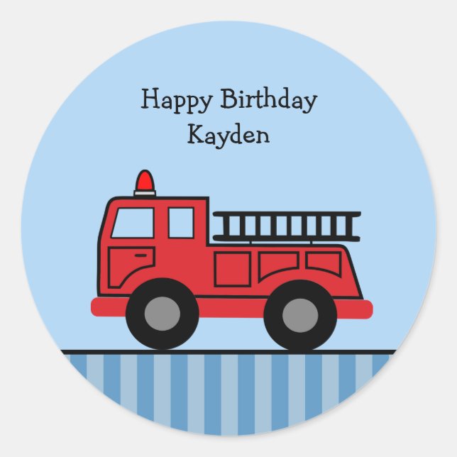 Cute Fire Truck Personalised Birthday Boy Classic Round Sticker (Front)