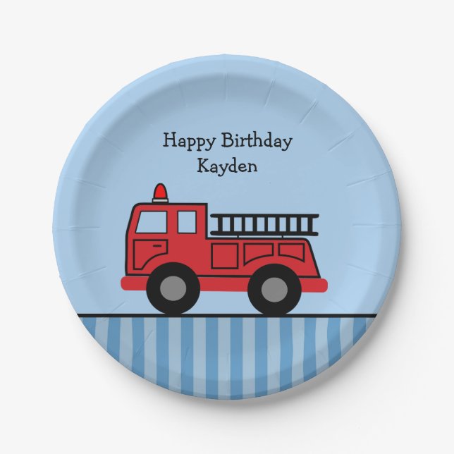 Cute Fire Truck Personalised Birthday Paper Plate (Front)