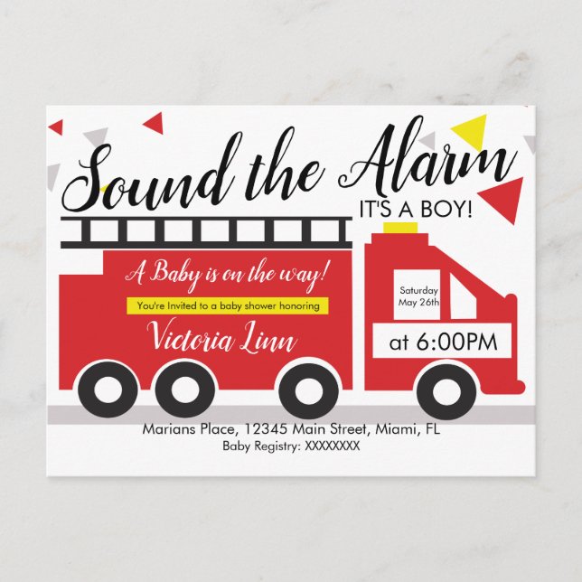 Cute Fire Truck Vehicle Baby Shower Confetti  Invi Postcard (Front)