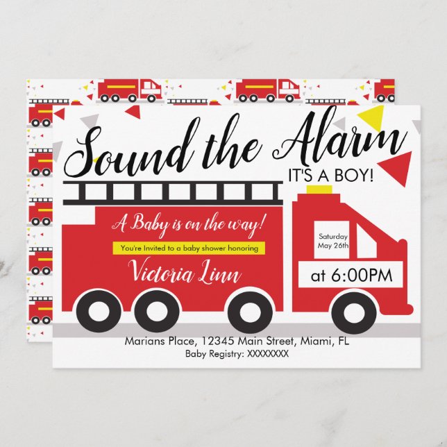 Cute Fire Truck Vehicle Baby Shower Confetti  Invitation (Front/Back)